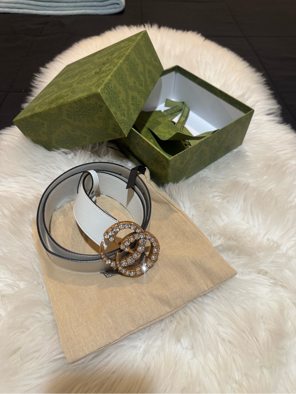 White Leather Belt with Gold Crystal Buckle